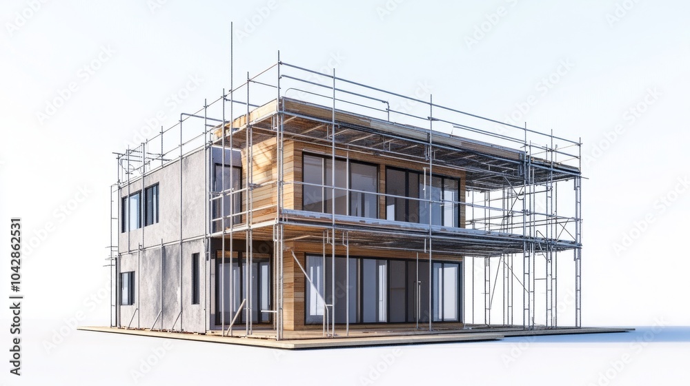 Obraz premium Residential house build using prefabricated modules, with scaffolding around the structure
