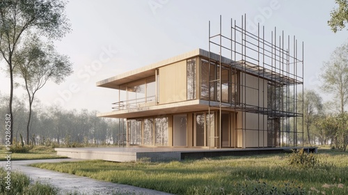 Residential house build using prefabricated modules, with scaffolding around the structure