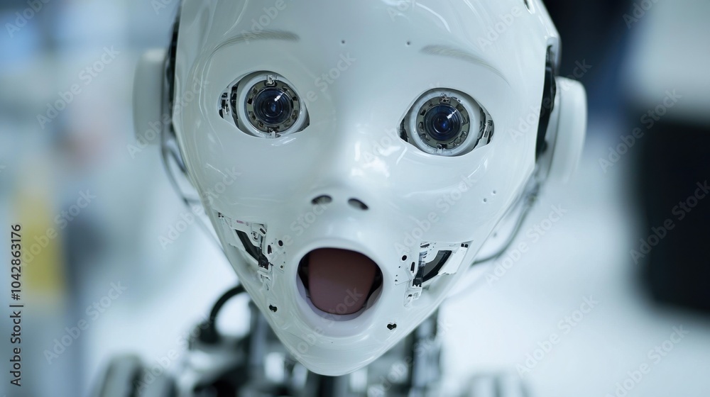 An extreme close-up of the expressive facial features and empathetic response software of a humanoid caregiving robot in a healthcare robotics lab, Robotics style, photo of An extreme close-up of the expressive facial features and empathetic response software of a humanoid caregiving robot in a healthcare robotics lab, Robotics style, photo of