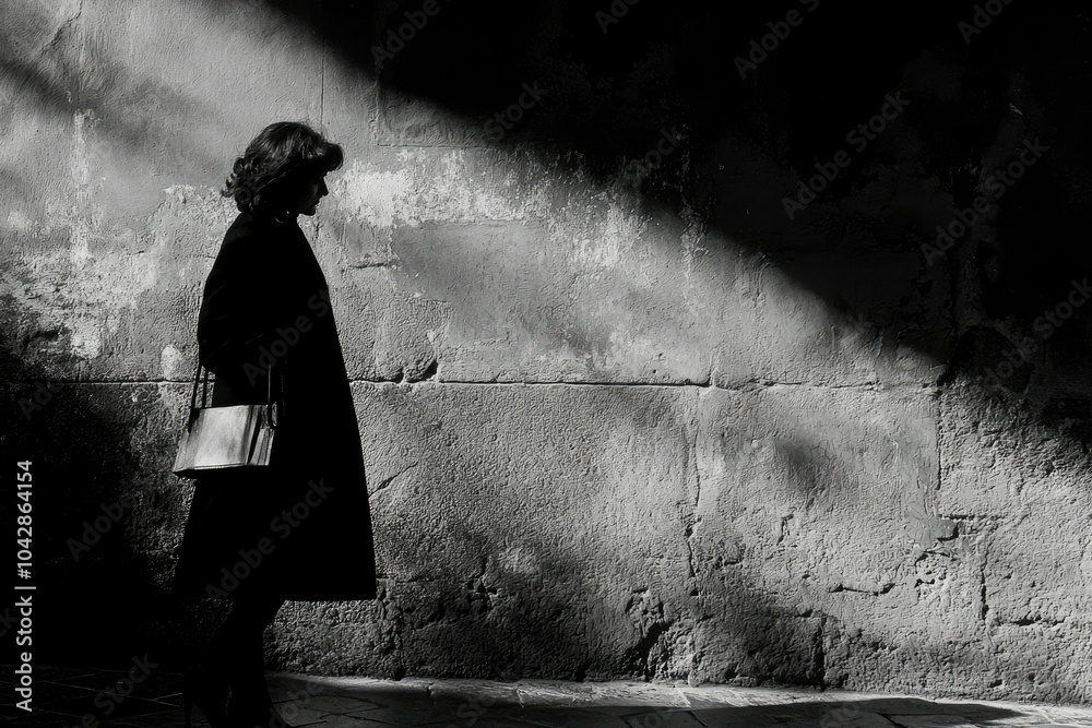 A Woman in a Coat Stands Silhouetted Against a Weathered Wall A Woman in a Coat Stands Silhouetted Against a Weathered Wall