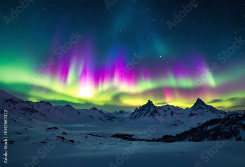 Northern Lights over snowy mountains. Aurora borealis with starry in the night sky. Fantastic Winter Epic Magical Landscape of snowy Mountains.
