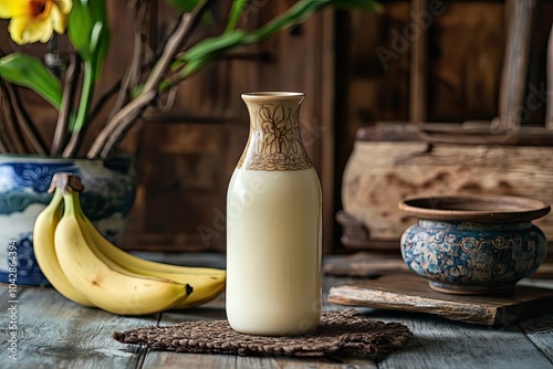 A Decorative Bottle of Milk with Bananas and Ornate Vases photo