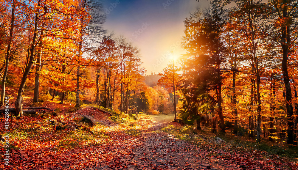 Fototapeta premium Gorgeous, bright and beautiful autumn landscape in the forest with a path