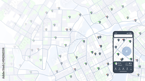 Smartphone displays city map with nearby charging stations, showcasing mobile app designed for flexible online charging solutions. App allows to choose optimal routes for driving. Vector illustration