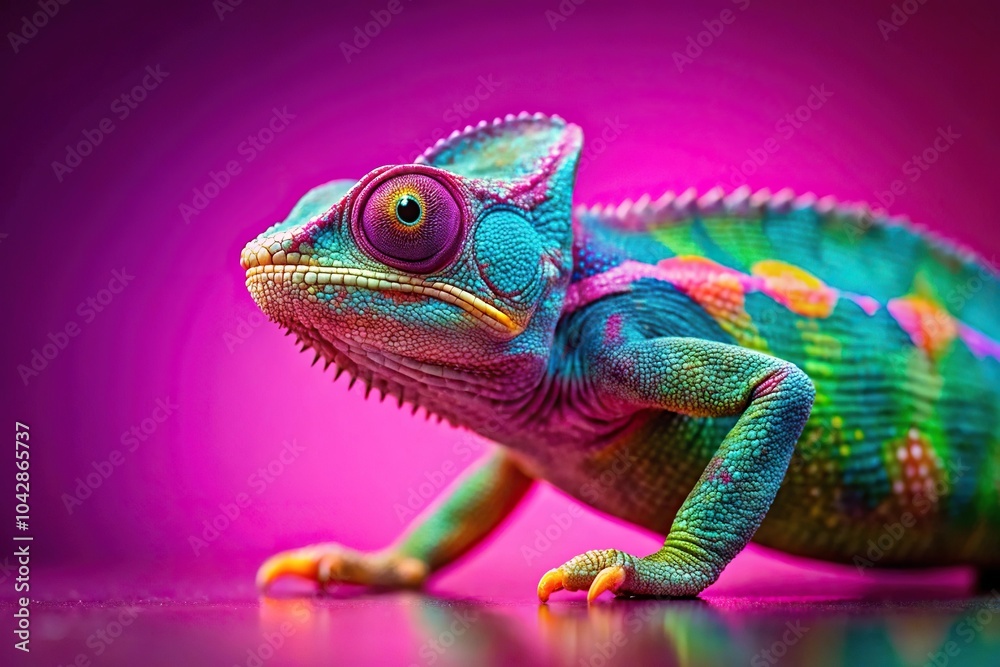 Fototapeta premium Colorful chameleon blending into pink background