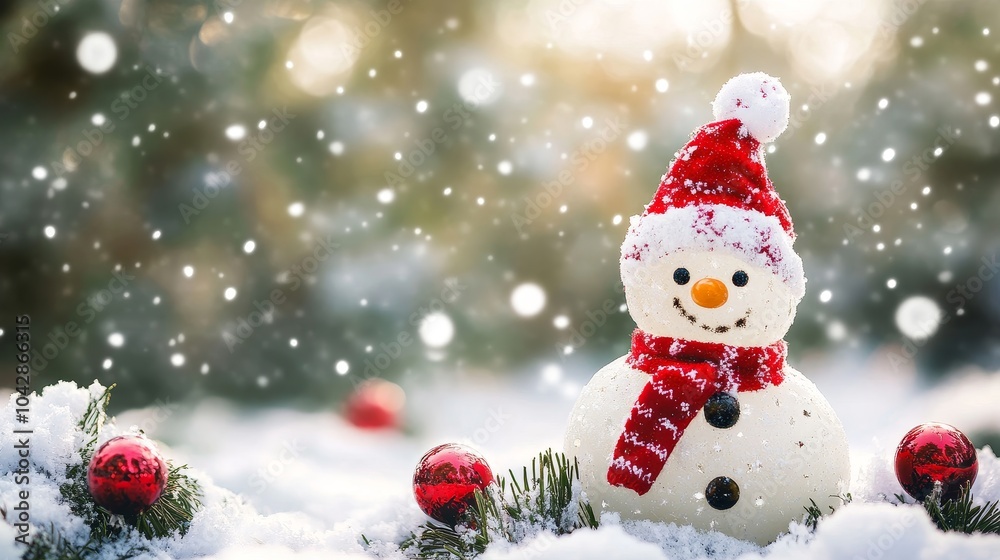 A cheerful snowman adorned with a red hat and scarf, surrounded by snow and festive ornaments. A cheerful snowman adorned with a red hat and scarf, surrounded by snow and festive ornaments.