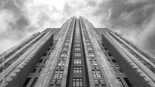 A towering building viewed from below against a cloudy sky.