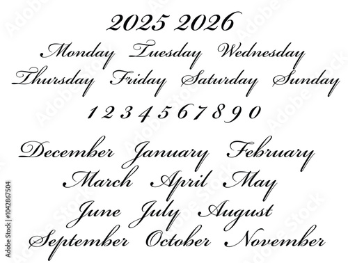 2025 calendar template, Handwritten months names vector set: December, January, February, March, April, May, June, July, August, September, October, November. Template for calendars and organizers. 