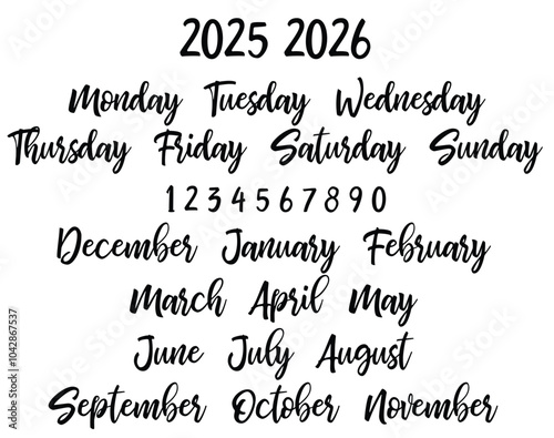 2025 calendar template, Handwritten months names vector set: December, January, February, March, April, May, June, July, August, September, October, November. Template for calendars and organizers. 