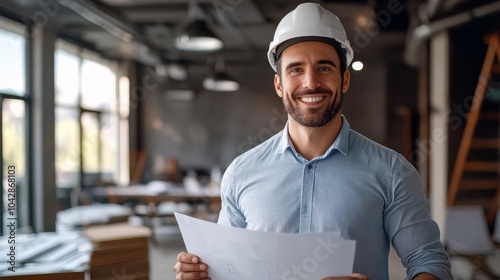 Inspiring imagery happiness - Happy Engineer Holding Blueprints with Pride photo