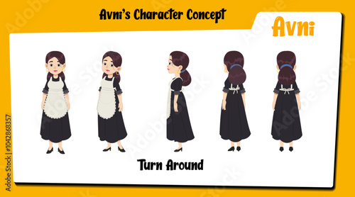 A maid cartoon character turnaround modelsheet AKA Avni. Cute maid cartoon vector.