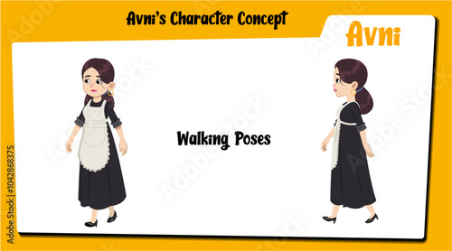 A maid cartoon character walking AKA Avni. Cute maid cartoon vector.