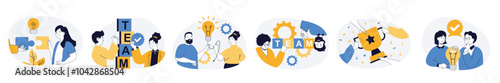 Teamwork concept set with characters in flat design for web. People working together, brainstorming and finding ideas, supporting partners, developing success business project. Vector illustrations.