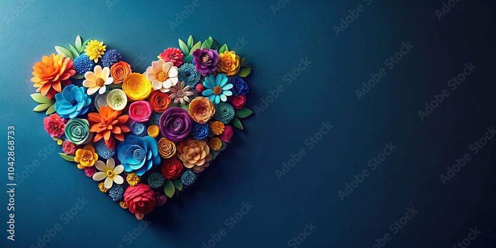 Colorful heart shape made of paper flowers on dark blue background silhouette Colorful heart shape made of paper flowers on dark blue background silhouette