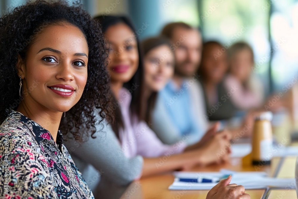 A diverse group of professionals engaged in a meeting, focused and collaborative, with one woman prominently smiling at the camera. A diverse group of professionals engaged in a meeting, focused and collaborative, with one woman prominently smiling at the camera.