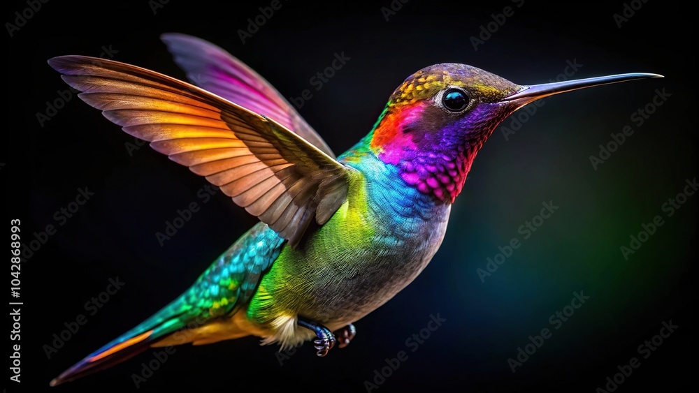 Fototapeta premium colorful hummingbird in sharp focus surrounded by blurred black background
