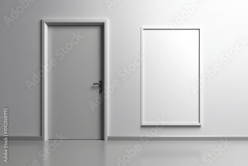 White Wall with a Blank Poster Frame in a Modern Office Interior Featuring a Glass Door and Contemporary Business Space Concept