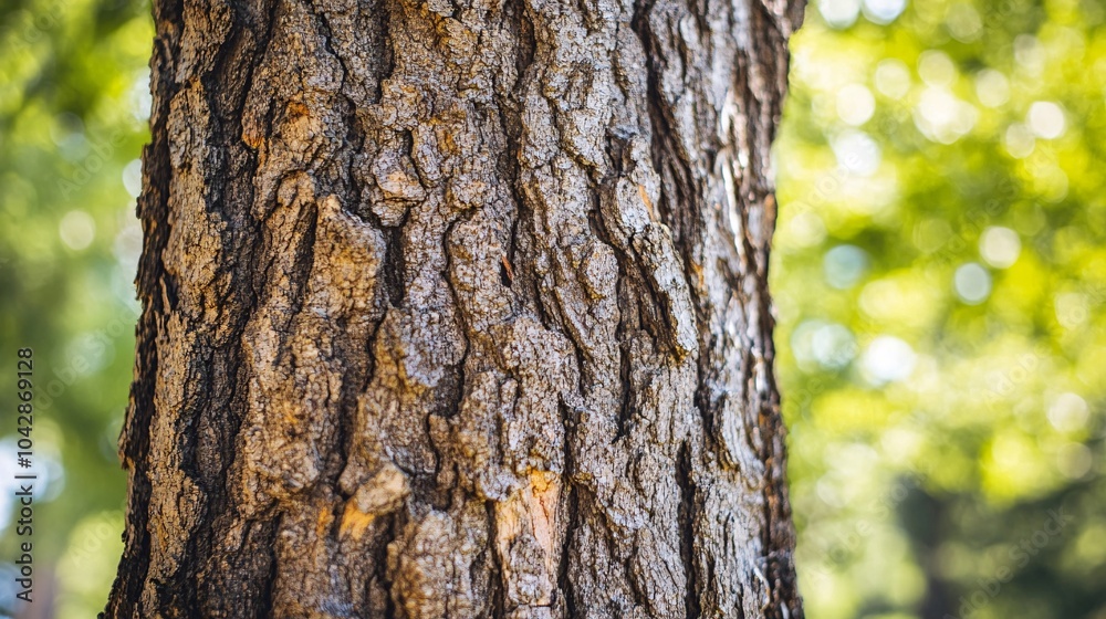 Fototapeta premium Close-up of a textured tree trunk with intricate patterns, surrounded by blurred green foliage in the background.