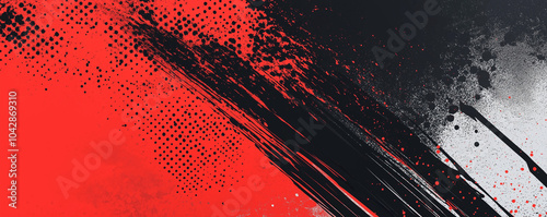 A dynamic abstract black and red background with brush strokes. AI generation