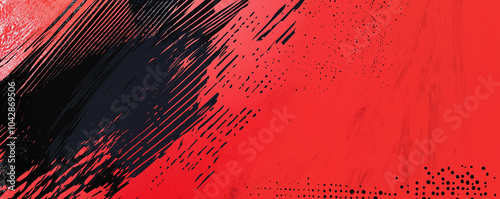 A dynamic abstract black and red background with brush strokes. AI generation