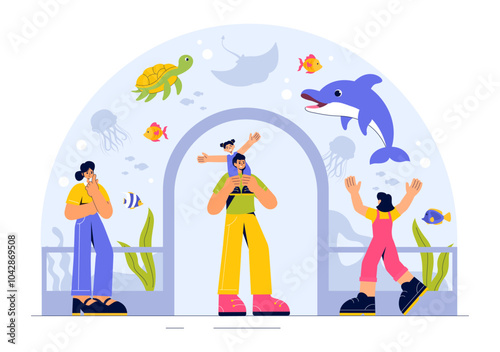 Aquarium Vector Illustration featuring an Underwater Scene with Fish Observation, Sea Animals, and Various Marine Flora and Fauna in a Background