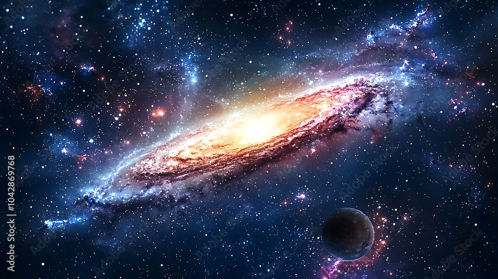 Obraz premium stunning galaxy spinning in deep space, showcasing vibrant colors and cosmic elements. scene evokes sense of wonder and vastness of universe