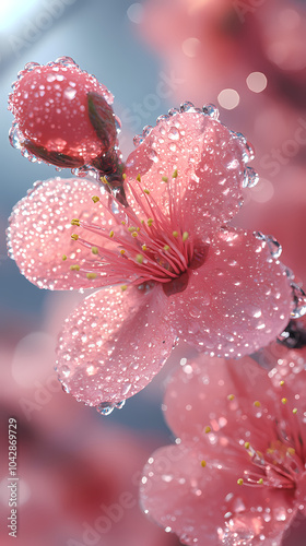 Water droplets from peach blossoms, giving the skin a natural luster