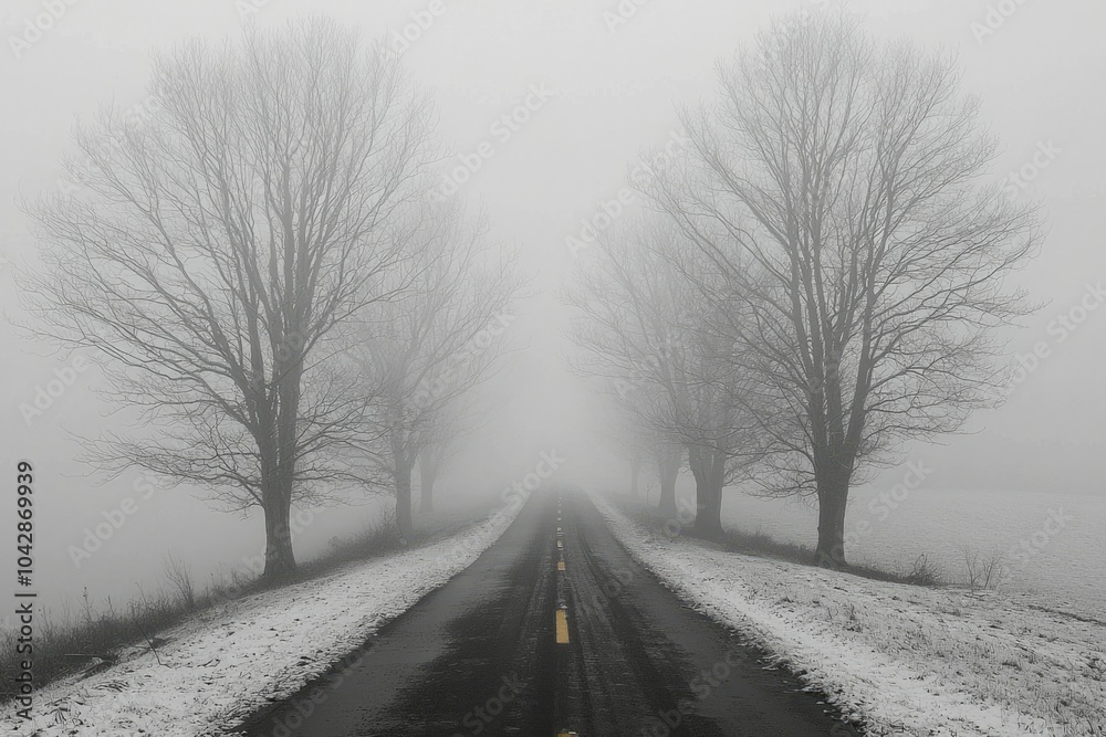 Foggy Road Lined with Bare Trees in Winter Foggy Road Lined with Bare Trees in Winter