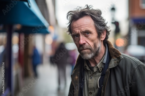 Portrait of a middle-aged man in a city street.