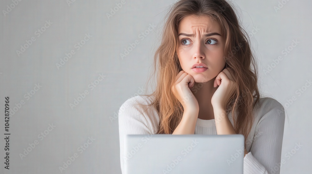 Young woman looks worried while working on laptop. Young woman looks worried while working on laptop.