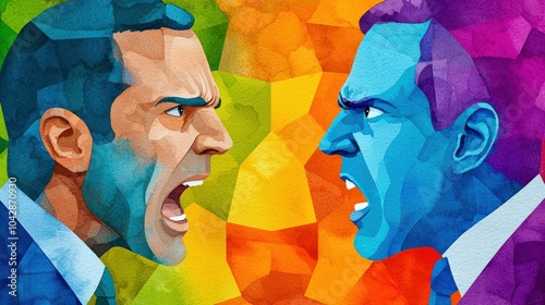 Intense Confrontation A Colorful Depiction of Conflict and Emotion in Watercolor Art photo