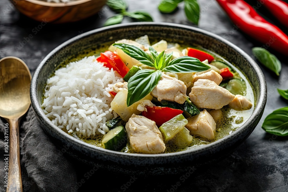 Close-up of Green Curry with Chicken, Vegetables, and Rice Close-up of Green Curry with Chicken, Vegetables, and Rice