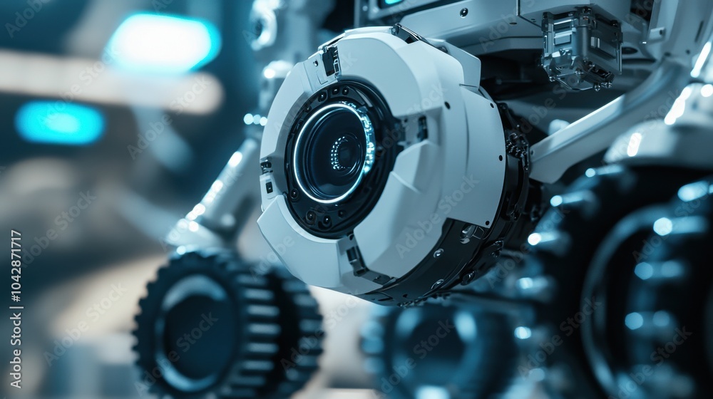 Fototapeta premium An extreme close-up of the gesture-controlled navigation and obstacle avoidance systems of a humanoid exploration rover robot in a planetary research robotics lab, Robotics style, photo of