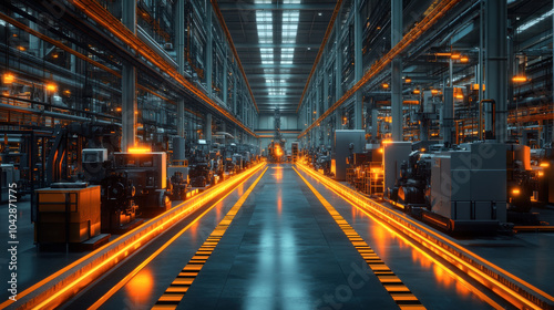 A large industrial building with orange lights on the floor