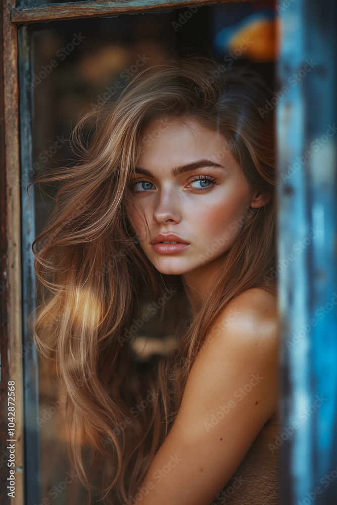 Fototapeta premium A woman with long blonde hair and blue eyes looking out of a window