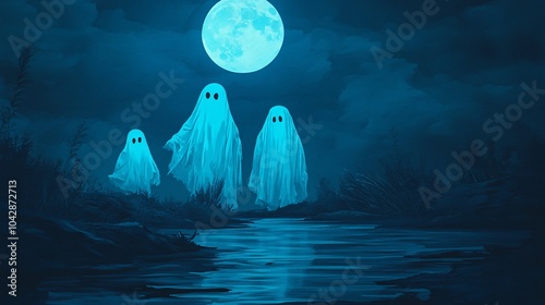Glow-in-the-dark Boo with floating ghosts, eerie moonlit night.