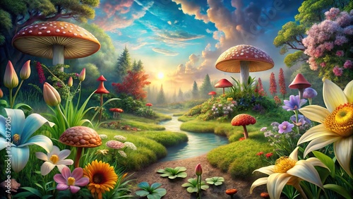 Fototapeta Naklejka Na Ścianę i Meble -  fantastic wonderland landscape with mushrooms, lilies, flowers