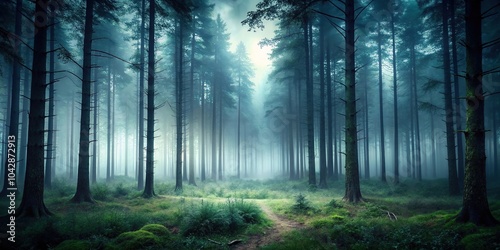 Fantastic dark landscape of forest in fog