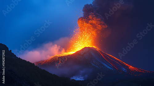 massive volcano erupting, sending lava flows and ash into sky, creating dramatic and fiery landscape. scene captures raw power of nature and beauty of volcanic activity photo