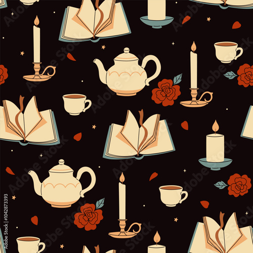 Seamless pattern of books, mugs, teapots and candles on a dark background. Vector graphics.