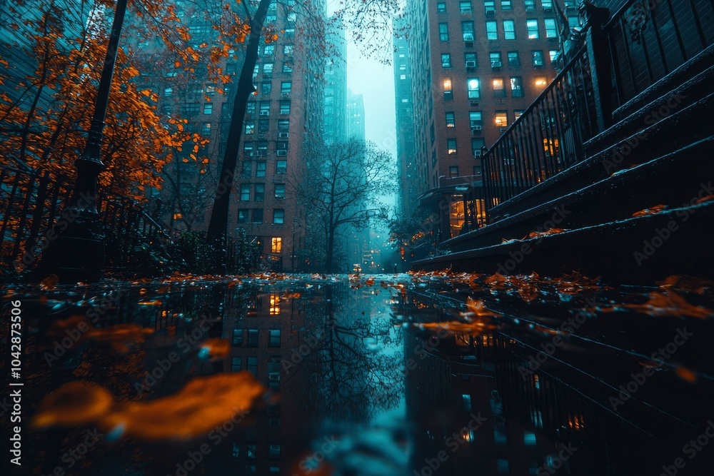 Obraz premium Cityscape Reflection in a Puddle of Rain