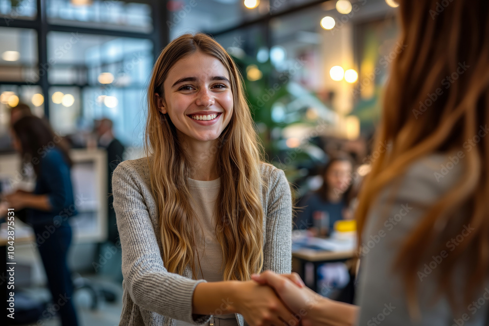 Fototapeta premium A young woman with long blonde hair is smiling and shaking hands with another person in a brightly lit room