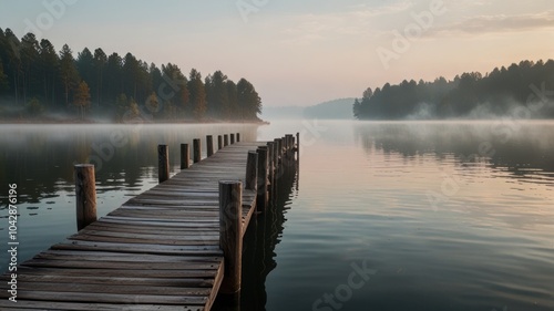 Wallpaper Mural A wooden pier extends into a still, misty lake at sunrise, with a dense forest lining the shore. Torontodigital.ca