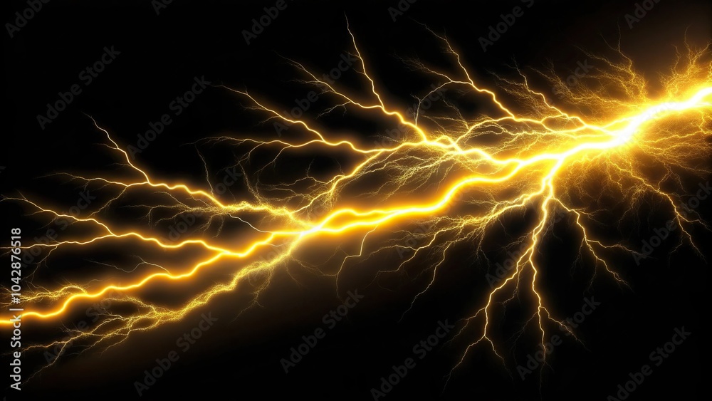 long shot golden lightning bolt on black background with electrical field long shot golden lightning bolt on black background with electrical field