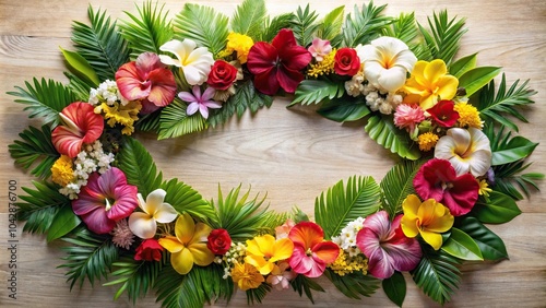 Long shot Hawaiian lei arrangement made from hibiscus and tropical plants
