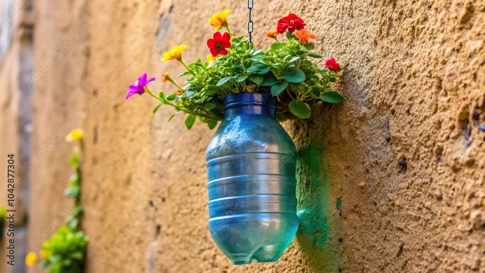 Flowerpot made from plastic bottle hanging on wall by schoolchildren Flowerpot made from plastic bottle hanging on wall by schoolchildren
