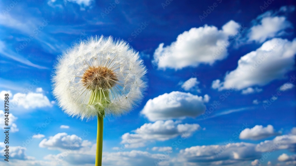 Fluffy dandelion against blue sky with clouds Fluffy dandelion against blue sky with clouds