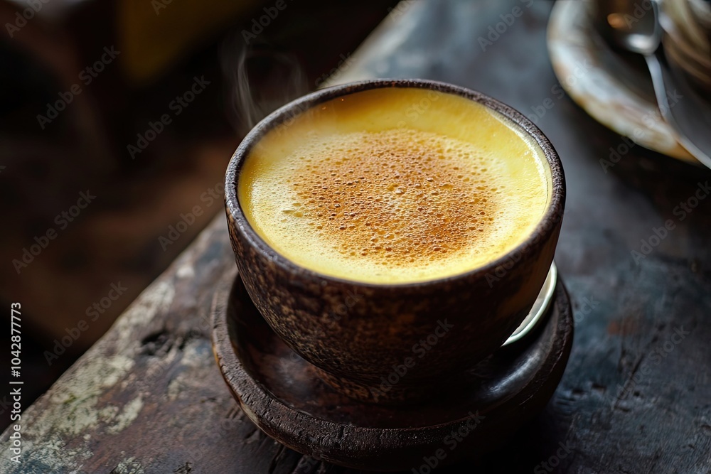 Steaming Yellow Drink in Earthenware Cup Steaming Yellow Drink in Earthenware Cup