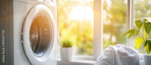 Bright laundry room with a modern washing machine, sunlight streaming through the window, and a touch of greenery. photo