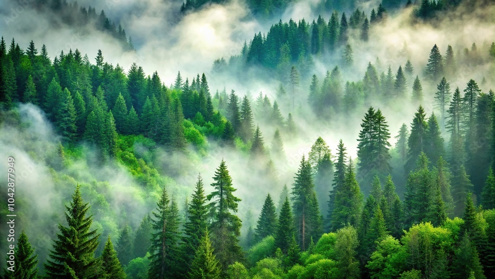 Fototapeta premium Foggy green mountain forest with spruce and pine trees on slopes